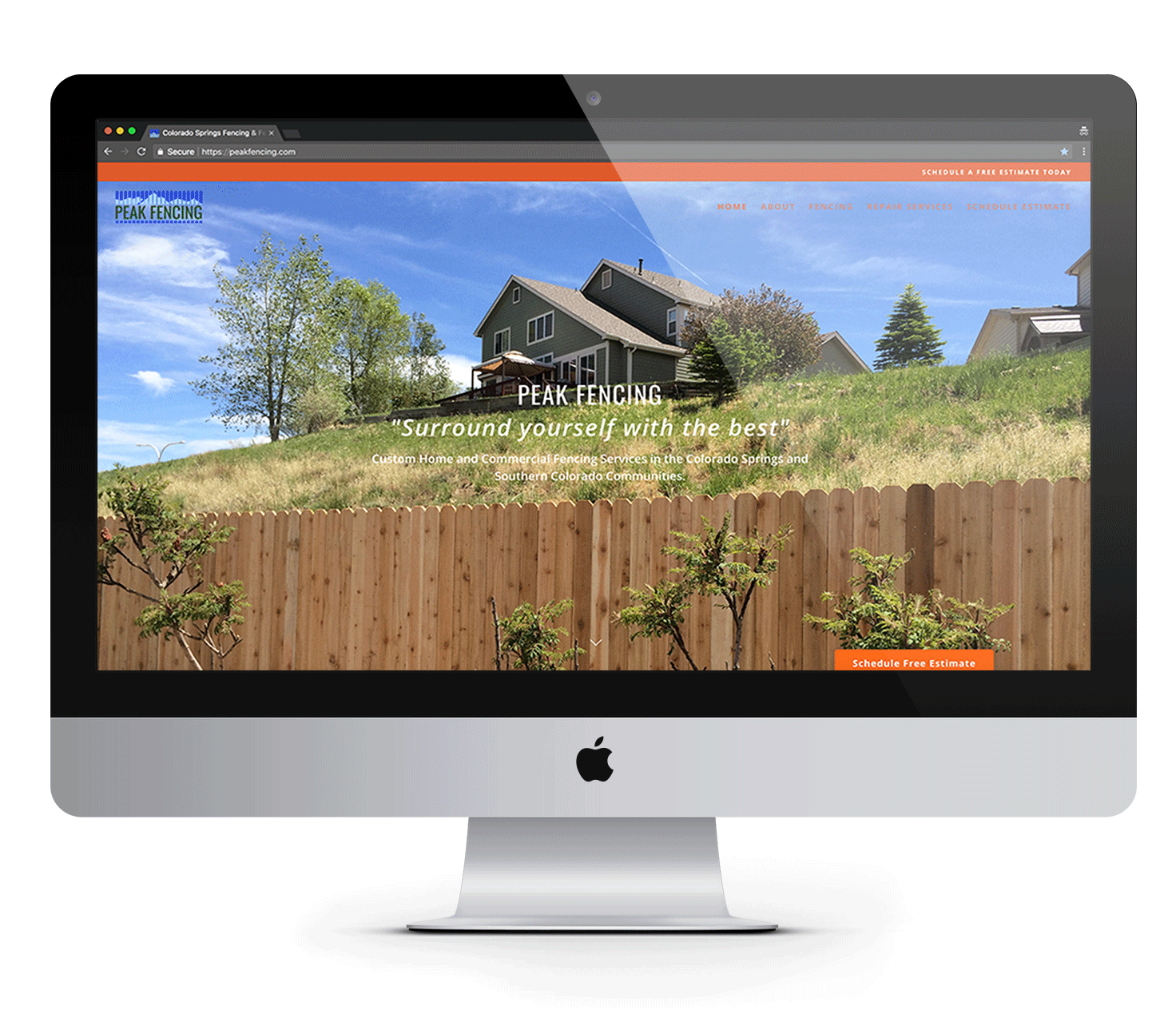 Peak Fencing new website design shown on an imac